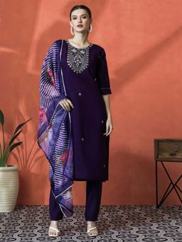 Lush Glam - Purple Floral Embroidered Kurta & Pant With Dupatta (Set of 3)