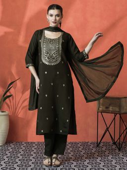 Lush Glam - Green Floral Embroidered Kurta & Pant With Dupatta (Set of 3)