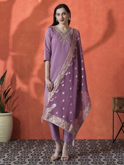 Lush Glam - Purple Floral Embroidered Kurta & Pant With Dupatta (Set of 3)