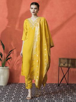 Lush Glam - Yellow Floral Embroidered Kurta & Pant With Dupatta (Set of 3)