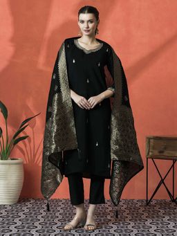 Lush Glam - Black Floral Embroidered Kurta & Pant With Dupatta (Set of 3)