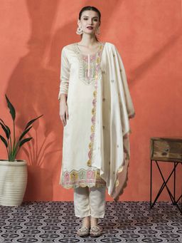 Lush Glam - Off White Floral Embroidered Kurta & Pant With Dupatta (Set of 3)