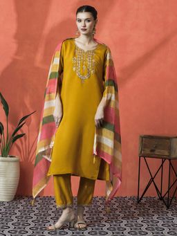 Lush Glam - Yellow Floral Embroidered Kurta & Pant With Dupatta (Set of 3)