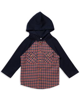 My Milestones - Full Sleeves Checks Raglan Shirt with Hoodie - Red & Navy