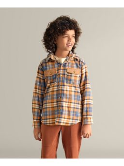 My Milestones - Checks Full Sleeves Shirt with Quilted Hoodie - Tan