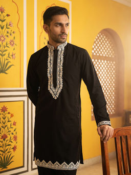 Jompers - Black Embroidered Silk Regular Kurta