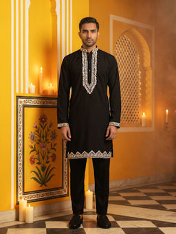 Jompers - Black Embroidered Silk Blend Kurta and Pyjama