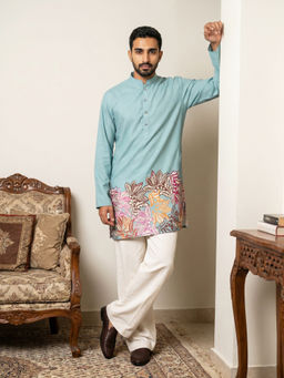 Jompers - Blue Floral Cotton Blend Kurta and Pyjama