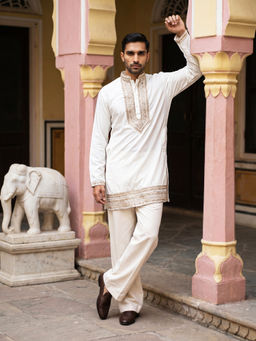Jompers - White Embroidered Cotton Blend Kurta and Pyjama