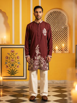 Jompers - Maroon Floral Cotton Blend Kurta and Pyjama