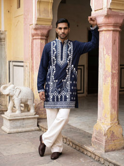 Jompers - Navy Blue Embroidered Cotton Blend Kurta and Pyjama