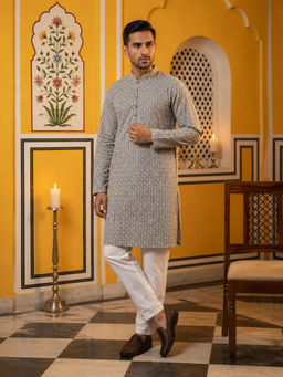 Jompers - Grey Embroidered Pure Cotton Kurta and Pyjama