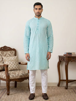 Jompers - Blue Embroidered Pure Cotton Kurta and Pyjama