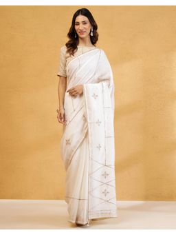 Fabindia - White Cotton Silk Hand Embroidered Saree without Blouse