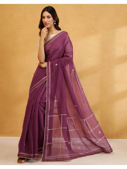 Fabindia - Purple Cotton Silk Hand Embroidered Saree without Blouse