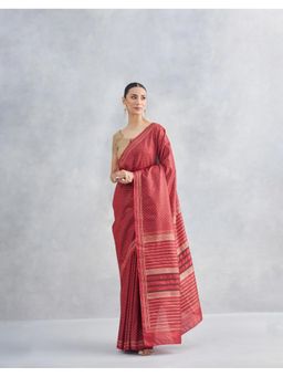 Fabindia - Red Silk Hand Block Printed Saree without Blouse