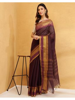Fabindia - Burgundy Cotton Blend Woven Saree without Blouse