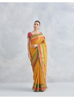 Fabindia - Mustard Cotton Blend Woven Saree without Blouse