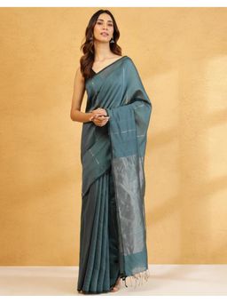 Fabindia - Teal Viscose Silk Blend Hand Woven Saree without Blouse