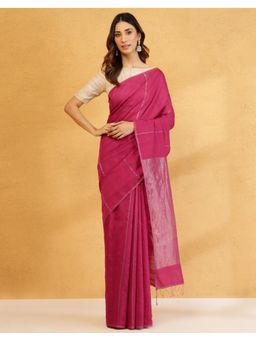 Fabindia - Rani Pink Viscose Silk Blend Hand Woven Saree without Blouse