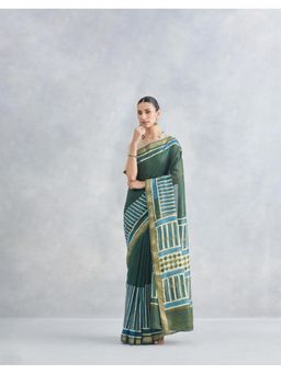 Fabindia - Green Cotton Silk Blend Stripes Dabu Printed Saree without Blouse