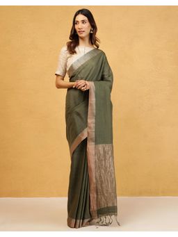 Fabindia - Green Cotton Silk Blend Hand Woven Saree without Blouse