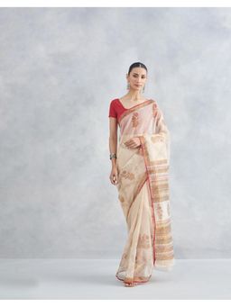 Fabindia - Beige Cotton Silk Blend Floral Hand Block Printed Saree without Blouse