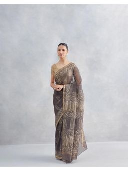 Fabindia - Grey Silk Blend Dabu Floral Printed Saree without Blouse
