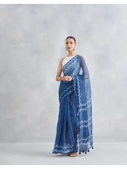 Fabindia - Blue Cotton Silk Floral Hand Block Printed Saree without Blouse