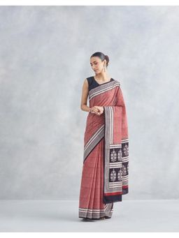 Fabindia - Red Cotton Bagh Floral Printed Saree without Blouse