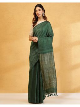 Fabindia - Green Silk Blend Hand Woven Saree without Blouse