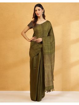 Fabindia - Olive Silk Blend Hand Woven Saree without Blouse