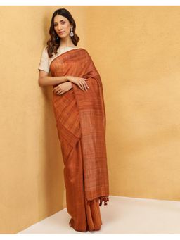 Fabindia - Brown Silk Blend Hand Woven Saree without Blouse