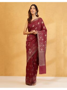 Fabindia - Maroon Viscose Blend Banarsi Woven Saree without Blouse