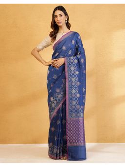 Fabindia - Navy Blue Viscose Blend Banarsi Woven Saree without Blouse