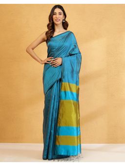Fabindia - Teal Silk Hand Woven Tassel Saree without Blouse