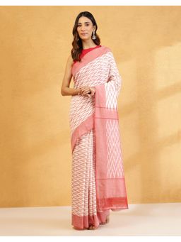Fabindia - Off White and Red Cotton Ikat Print Saree without Blouse