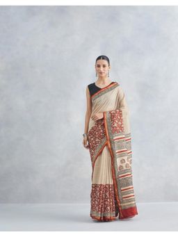 Fabindia - Beige Cotton Silk Blend Bagru Floral Printed Saree without Blouse