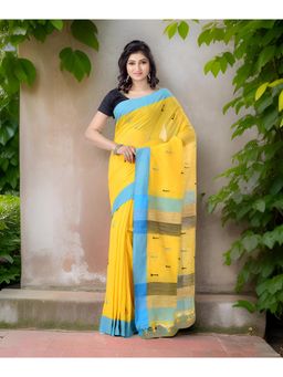 DESH BIDESH - Yellow Embroidered Pure Cotton Saree with Unstitched Blouse
