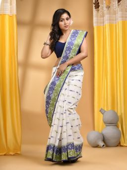 DESH BIDESH - Dark Blue and White Handloom Bengal Tant Saree without Blouse