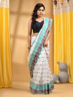 DESH BIDESH - Sea Green and White Handloom Bengal Tant Saree without Blouse