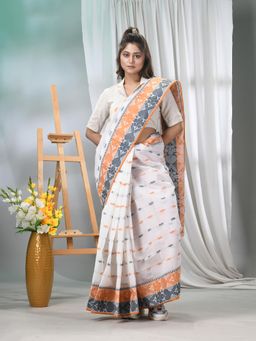 DESH BIDESH - Peach and White Handloom Bengal Tant Saree without Blouse
