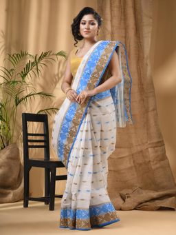 DESH BIDESH - Blue and White Handloom Bengal Tant Saree without Blouse