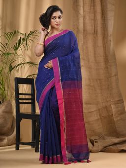 DESH BIDESH - Navy Blue Tant Silk Handloom Cotton Sequence Work Saree with Unstitched Blouse