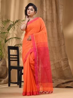 DESH BIDESH - Orange Tant Silk Handloom Cotton Sequence Work Saree with Unstitched Blouse