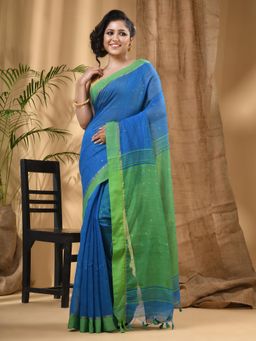 DESH BIDESH - Blue Tant Silk Handloom Cotton Sequence Work Saree with Unstitched Blouse