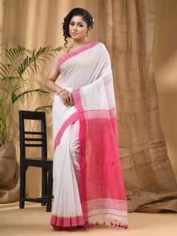 DESH BIDESH - White Silk Handloom Cotton Saree Sequence Work with Unstitched Blouse