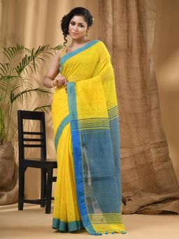 DESH BIDESH - Yellow Silk Handloom Cotton Saree Sequence Work with Unstitched Blouse