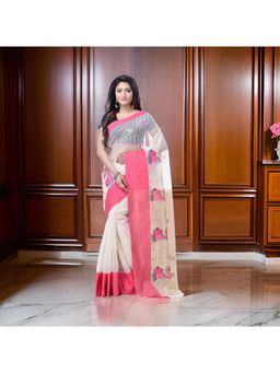 DESH BIDESH - White Tant Silk Handloom Cotton Saree Sequence Work with Unstitched Blouse