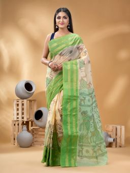 DESH BIDESH - Green Shakuntala Design Printed Tant Handloom Saree without Blouse